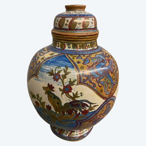Ancient large Potiche Santarelli Gualto Tadino Liberty vase with Rooster Height 48 cm