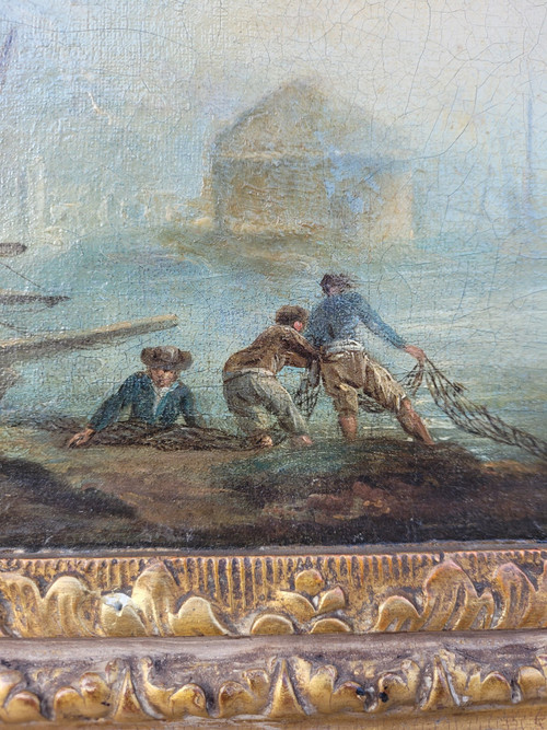 Belebte Landschaft Mit Fischern, Öl Auf Leinwand Gerahmt, Frankreich, 18. Jahrhundert