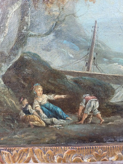 Belebte Landschaft Mit Fischern, Öl Auf Leinwand Gerahmt, Frankreich, 18. Jahrhundert