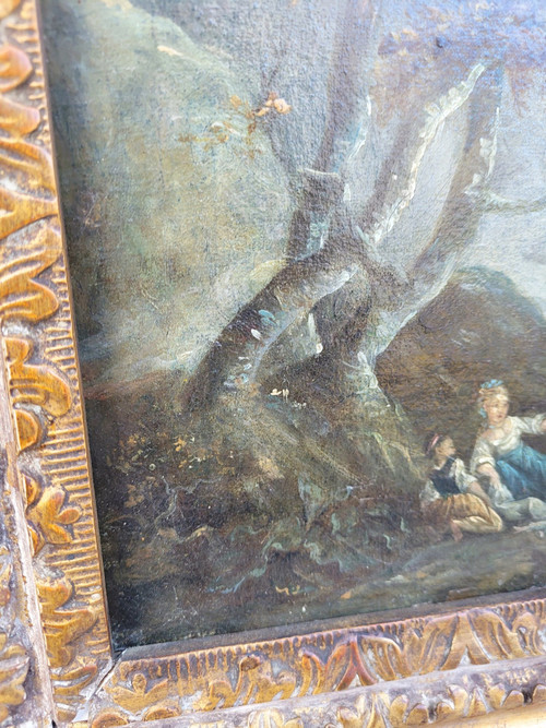 Belebte Landschaft Mit Fischern, Öl Auf Leinwand Gerahmt, Frankreich, 18. Jahrhundert
