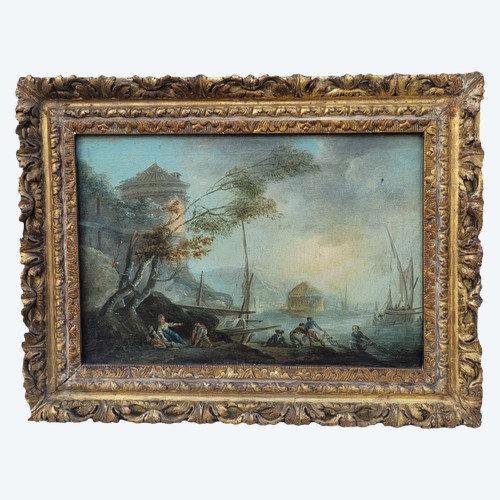 Belebte Landschaft Mit Fischern, Öl Auf Leinwand Gerahmt, Frankreich, 18. Jahrhundert