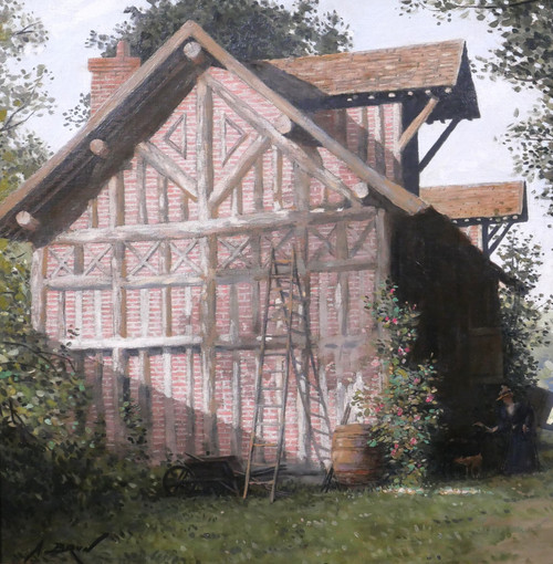 Alexandre BRUN 1853-1941 Normandia, la casa a graticcio, dipinto, 1900 ca.