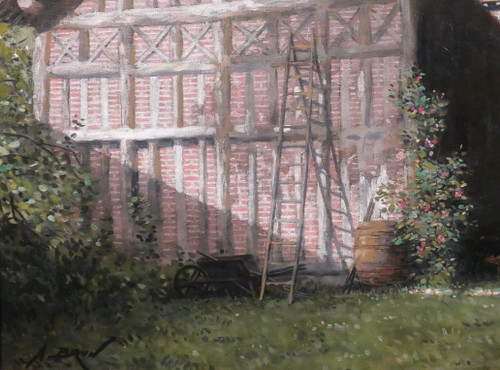 Alexandre BRUN 1853-1941 Normandia, la casa a graticcio, dipinto, 1900 ca.