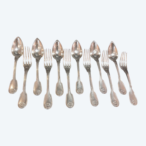 Six pieces of 19th century silver flatware.