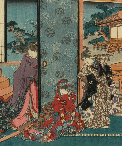 Utagawa Toyokuni I, stampa giapponese, scena di vita in un palazzo