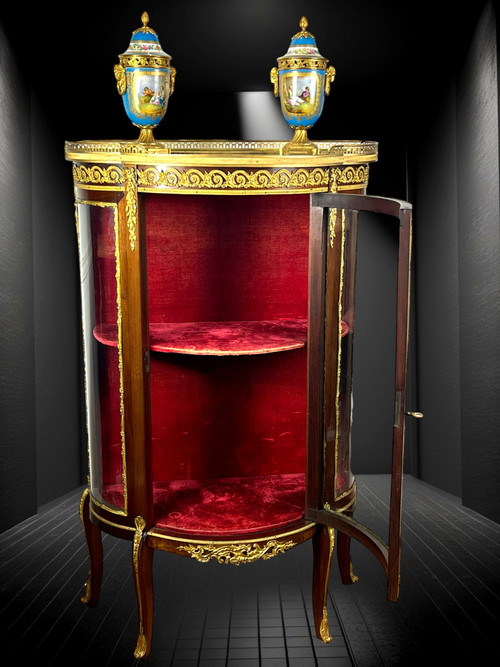 1/2 MOND-Vitrine mit Glaskäfig in Intarsien und Bronze aus der Zeit von Napoleon III