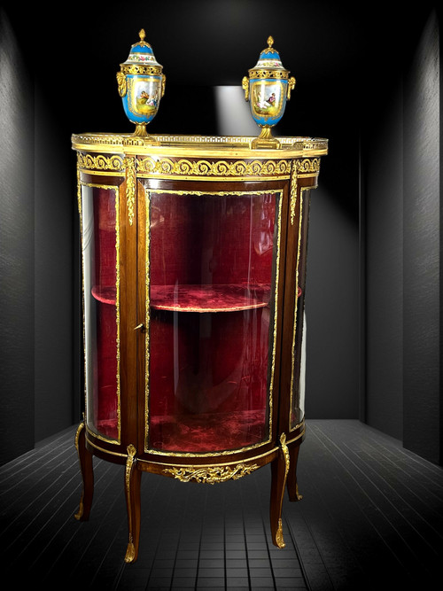 1/2 MOND-Vitrine mit Glaskäfig in Intarsien und Bronze aus der Zeit von Napoleon III