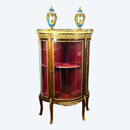 VITRINE 1/2 LUNE A CAGE DE VERRE EN MARQUETERIE ET BRONZE ÉPOQUE NAPOLEON III