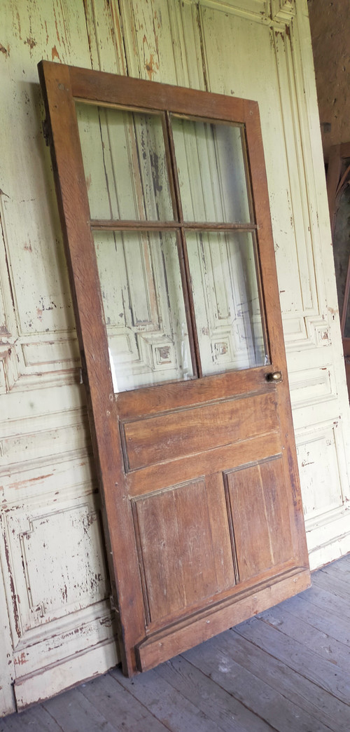Old 4-Tile Oak Glass Door with its frame and transom