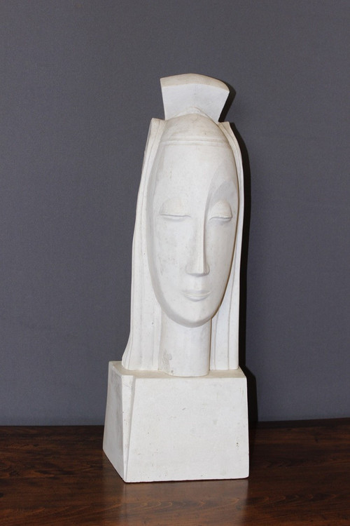 Sculpture Art Déco En Plâtre Représentant Une Tête De Femme Dans Le Goût De Gustave Miklos 