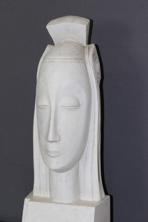 Sculpture Art Déco En Plâtre Représentant Une Tête De Femme Dans Le Goût De Gustave Miklos 