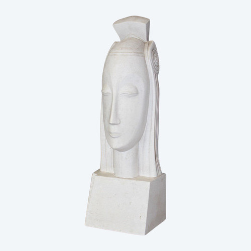 Sculpture Art Déco En Plâtre Représentant Une Tête De Femme Dans Le Goût De Gustave Miklos 