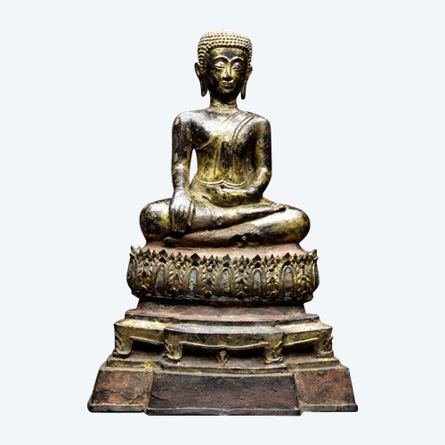 Antico Regno del Siam, XVIII-XIX secolo, Grande Buddha/monaco in bronzo laccato e dorato