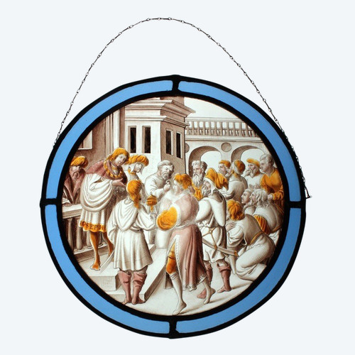 Medallion stained glass window representing a biblical episode from the Old Testament late 19th century