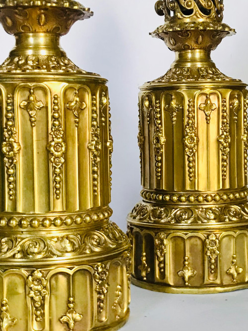 Paire de lampes en laiton et bronze doré 19ème 