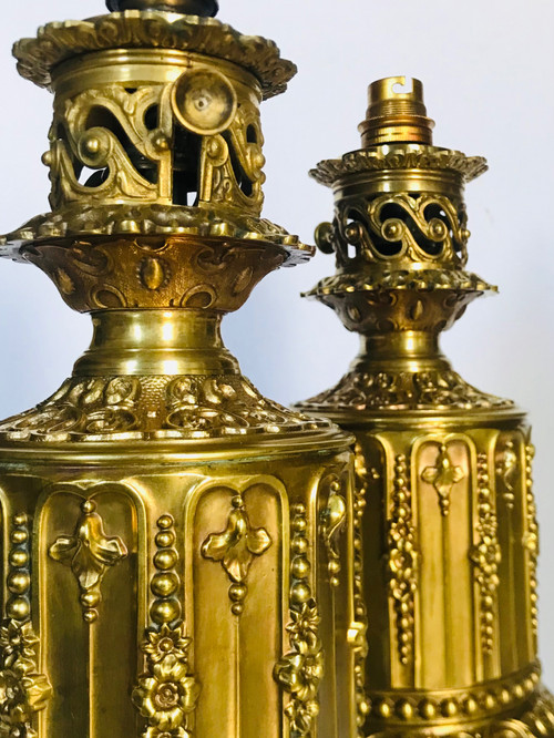 Paire de lampes en laiton et bronze doré 19ème 