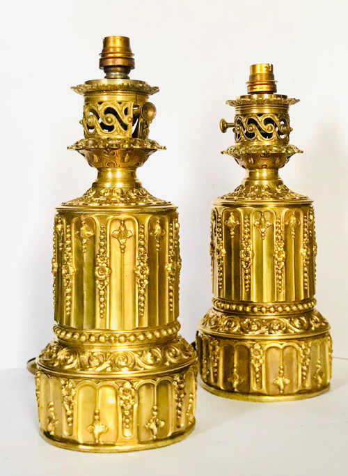 Paire de lampes en laiton et bronze doré 19ème 