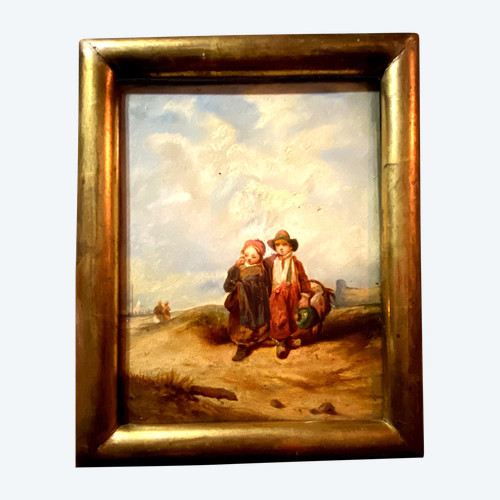 Couple of small peasant children leading a goat along a shore, jug in hand 19th