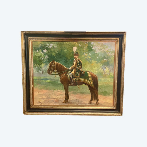 Olio su tela raffigurante cavaliere ussardo, epoca XX secolo