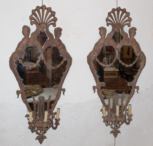 Grande Paire d'Appliques à Miroir En Acajou Italie Circa 1850