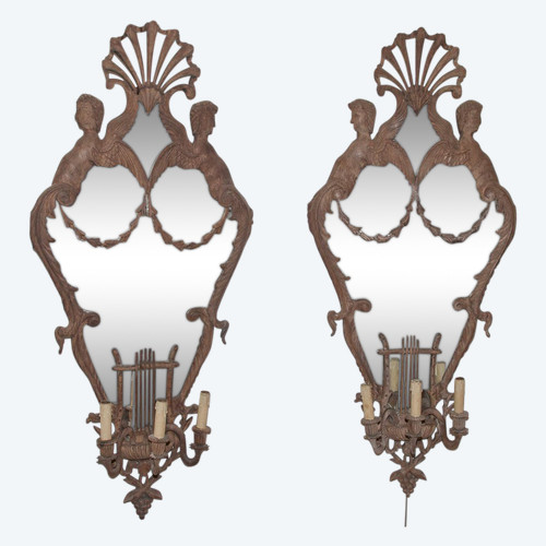 Large Pair of Mahogany Mirror Sconces Italy Circa 1850