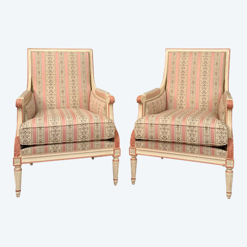 Large Pair Of Louis XVI Style Lacquered Wood Bergeres