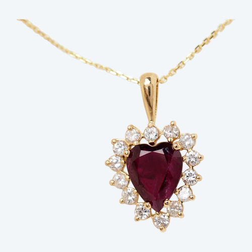 Heart pendant necklace in yellow gold, diamonds and rubies