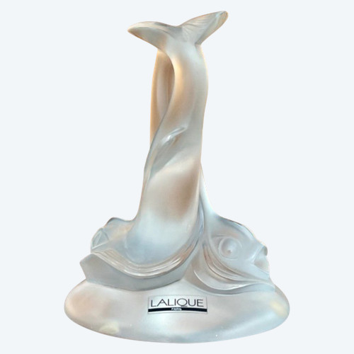 LALIQUE  France, presse papier en cristal: double dauphins.