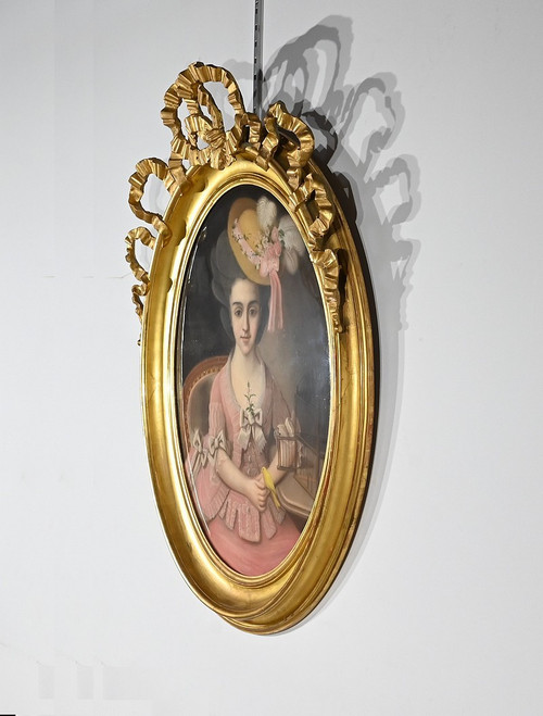 Bedeutendes Pastell „Das Mädchen mit dem Kanarienvogel“, französische Schule des 19. Jahrhunderts