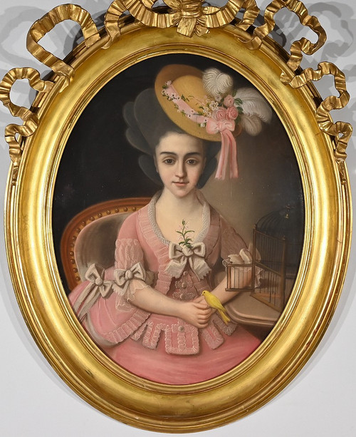Bedeutendes Pastell „Das Mädchen mit dem Kanarienvogel“, französische Schule des 19. Jahrhunderts