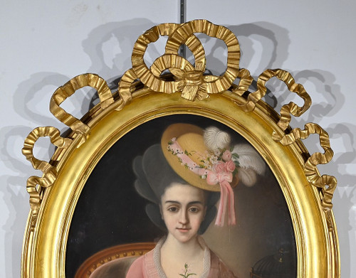 Bedeutendes Pastell „Das Mädchen mit dem Kanarienvogel“, französische Schule des 19. Jahrhunderts