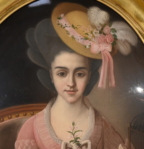 Bedeutendes Pastell „Das Mädchen mit dem Kanarienvogel“, französische Schule des 19. Jahrhunderts