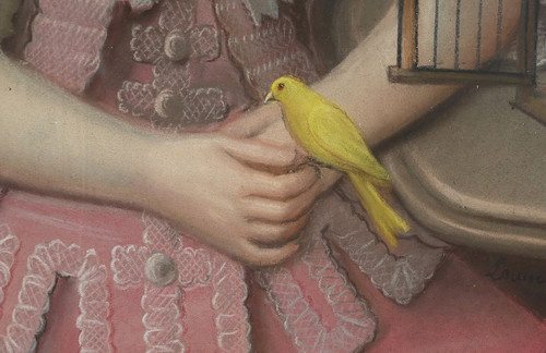 Bedeutendes Pastell „Das Mädchen mit dem Kanarienvogel“, französische Schule des 19. Jahrhunderts