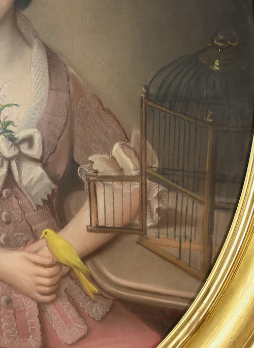 Bedeutendes Pastell „Das Mädchen mit dem Kanarienvogel“, französische Schule des 19. Jahrhunderts