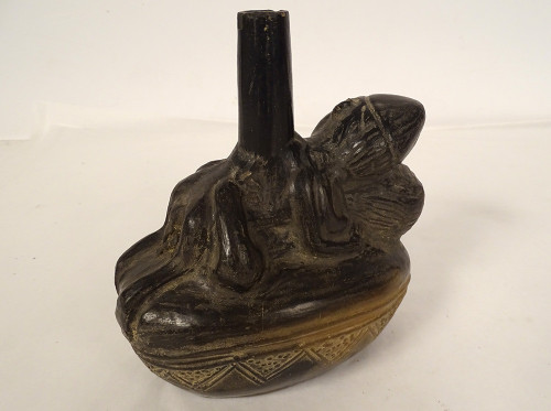 Erotic Pre-Columbian Vase Characters Culture Chimu Peru Terracotta Black