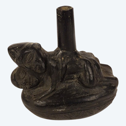 Erotic Pre-Columbian Vase Characters Culture Chimu Peru Terracotta Black