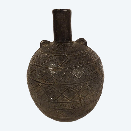 Vaso globulare precolombiano cultura Chimu Perù terracotta nera
