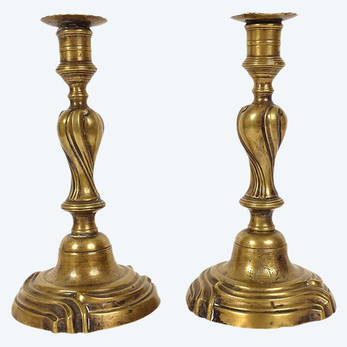 Pair of Louis XV Candlesticks Coat of Arms Bronze Coat of Arms Flambeaux XVIIIth Century