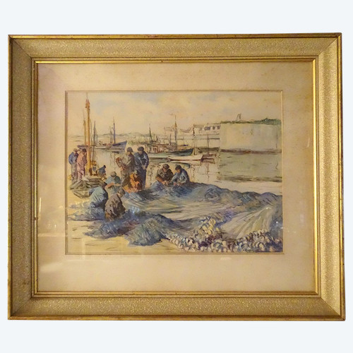 Watercolor Adrien Ravallec Fishermen Bringing Nets Port Concarneau Brittany 20th
