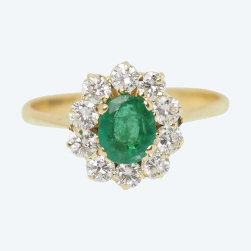 Daisy ring in yellow gold, emerald and diamonds