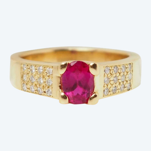 Yellow gold, ruby and diamond ring