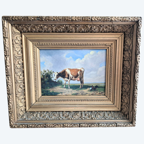 Tableau huile sur paneau de bois ​​​​​​​repésente vache et poules dans le près fin 19ème