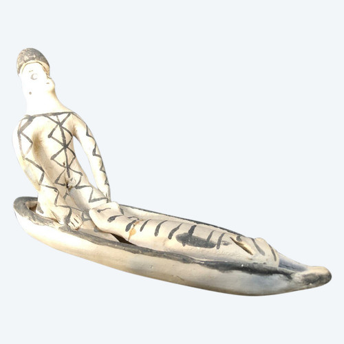Canoe with man and fish in painted terracotta Karaja, Lijoko Brazil work from the 60s
