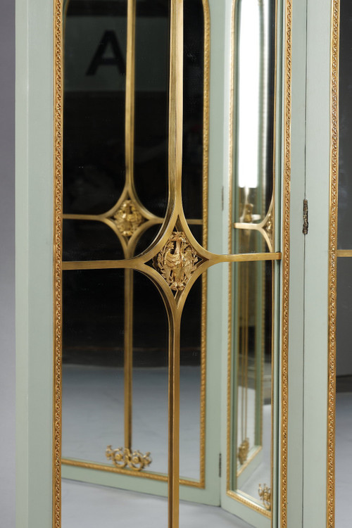 Paravento a specchio a quattro ante in legno laccato e cornice in bronzo dorato