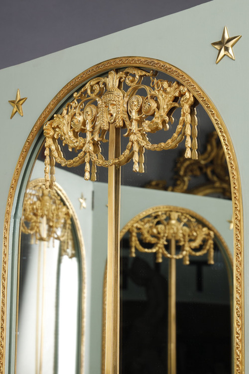 Paravento a specchio a quattro ante in legno laccato e cornice in bronzo dorato