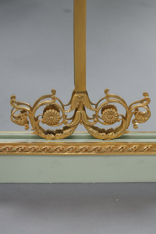 Paravento a specchio a quattro ante in legno laccato e cornice in bronzo dorato