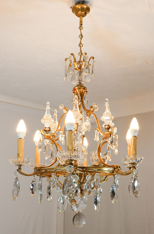 Lustre En Bronze Et Cristal Signé Baccarat Fin XIXe