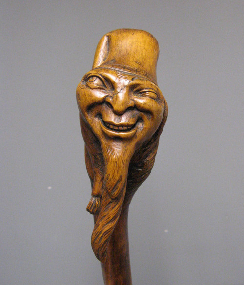 Canne Monoxyle En Buis Sculpté A Tête Grotesque De Gnome. Art Populaire XIXe.