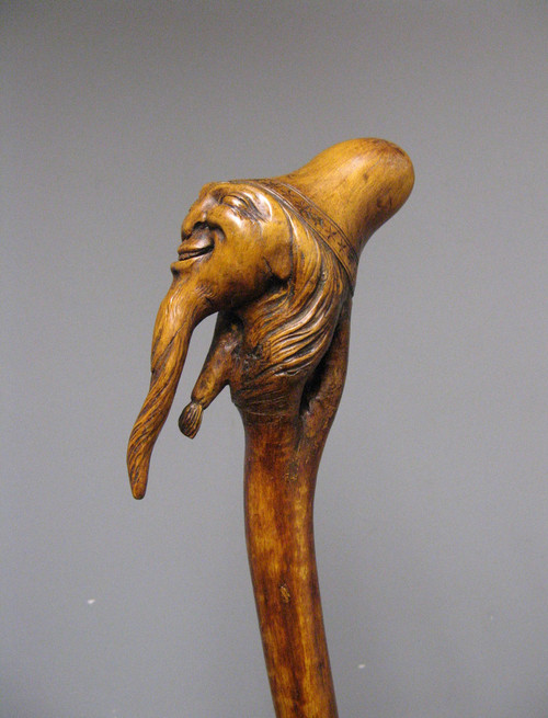 Canne Monoxyle En Buis Sculpté A Tête Grotesque De Gnome. Art Populaire XIXe.
