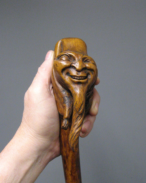 Canne Monoxyle En Buis Sculpté A Tête Grotesque De Gnome. Art Populaire XIXe.